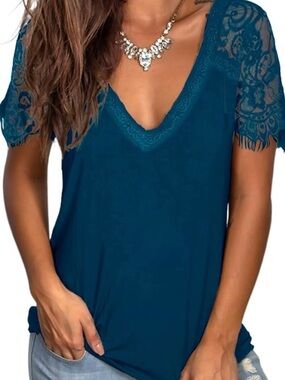Womens Lace Short Sleeve Tops V Neck Summer T Shirt Dressy Casual Blouse